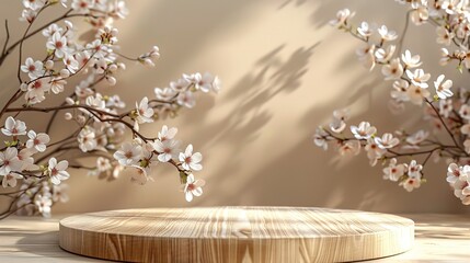 Poster - Empty wooden platform podium for presentation and advertising of product, cosmetics and spring flowers on a beige background