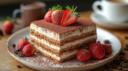 Sticker -   A cake sitting atop a white plate, adorned with strawberries and accompanied by a cup of coffee