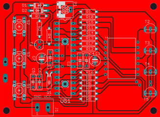 Sticker - Vector printed circuit board of electronic 
device with components of radio elements, 
conductors and contact pads placed on pcb. 
Engineering drawing. Computer technic cad design.