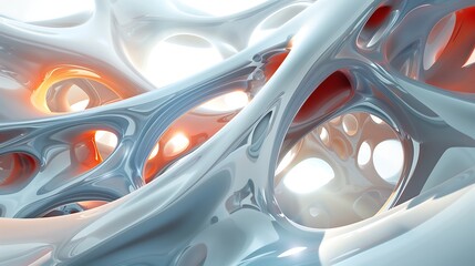 Poster - Abstract 3D rendering of a liquid, metallic, or glossy texture with organic shapes and holes. Bright and futuristic design.