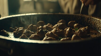 Sticker -   A pan with meat and broccoli cooking on a stove with a person in the background