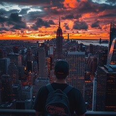 Poster - Sunset view over a city skyline with a silhouetted figure.