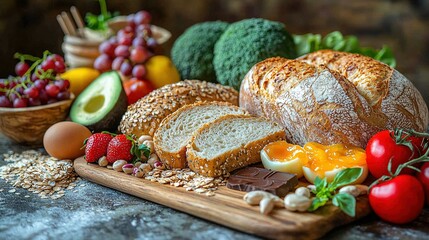 Sticker -   A wooden cutting board holds loaves of bread next to bowls of fruit and eggs