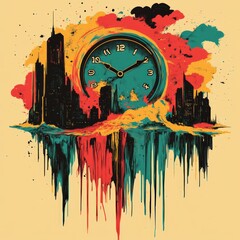 Sticker - Surreal clock with cityscape and vibrant colors.