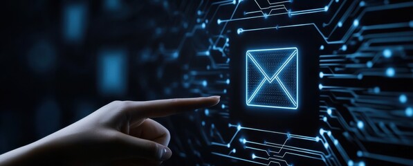 Poster - A hand pointing at an envelope icon on the screen, symbolizing content in dark blue and gray tones with circuit patterns in the background. 