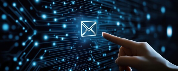 Poster - A hand pointing at an envelope icon on the screen, symbolizing content in dark blue and gray tones with circuit patterns in the background. 