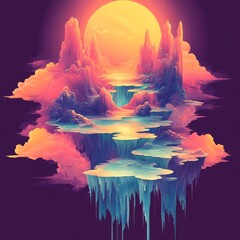 Wall Mural - Surreal landscape with floating islands and a vibrant sun.