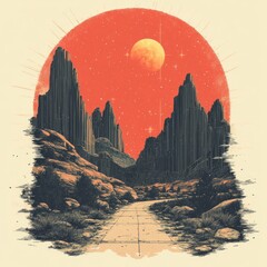 Sticker - Surreal landscape with mountains and a large moon.