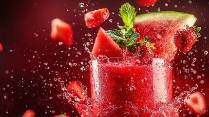 Poster -   A clear photo of a tall, green glass filled with sweet red liquid, featuring a zesty yellow lime wedge and juicy, red strawberries nestled among the ice cubes