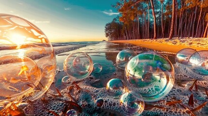 Wall Mural -   A cluster of air pockets hovering above a tranquil oceanic expanse adjacent to a verdant wooded environment beneath a cerulean heavens