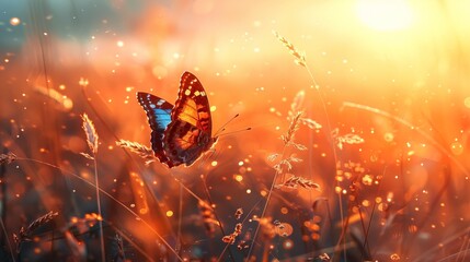 Abstract autumn field landscape at sunset with soft focus. dry ears of grass in the meadow and a flying butterfly