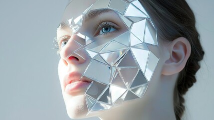 Poster -   A woman's face obscured by a silver foil mirror cover