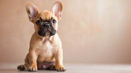 Wall Mural -   Brown-black dog on white floor, in front of beige wall