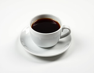 White ceramic cup filled with dark brown coffee on a matching white saucer.