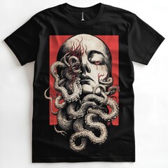 Sticker - T-shirt design featuring a face entwined with snakes.