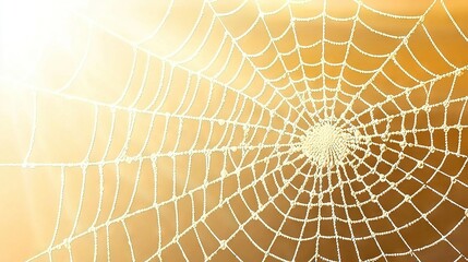   A macro shot of a spider's web glistening with dewdrops against a sunlit backdrop