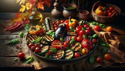 A rustic table setting featuring a colorful array of grilled vegetables in a round dish, illuminated by warm, natural light with autumn leaves and pottery in the background.

