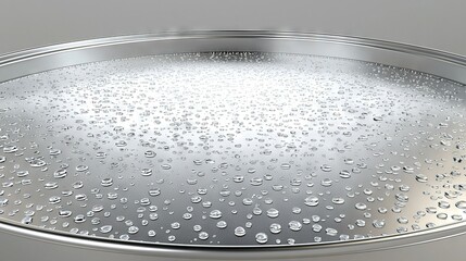 Sticker -   A close-up of a metal tray with water droplets on its surface, highlighting the details of the water's surface