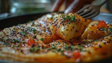 Poster -   A macroscopic view of a platter of cuisine featuring a tine protruding from a slice of pizza