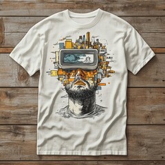 Wall Mural - T-shirt design featuring a man with a VR headset and cityscape.