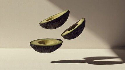   An avocado cut in half and placed on a white surface with the shadow of the avocado