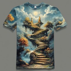 Wall Mural - T-shirt design featuring a mystical staircase landscape.