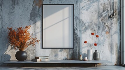 Wall Mural - A wall with minimalistic shelves and a collection of beautiful vases on them. Empty vertical frame for wall art mockup