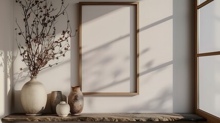 A wall with minimalistic shelves and a collection of beautiful vases on them. Empty vertical frame for wall art mockup