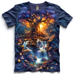 Sticker - T-shirt design featuring a mystical tree and waterfall.