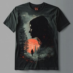 Wall Mural - T-shirt design featuring a silhouette and a sunset backdrop.