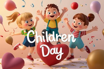 Wall Mural - Three cartoon children celebrating Childrens Day with joy and balloons.