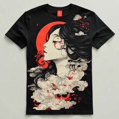 Sticker - T-shirt design featuring a woman with clouds and a red moon.