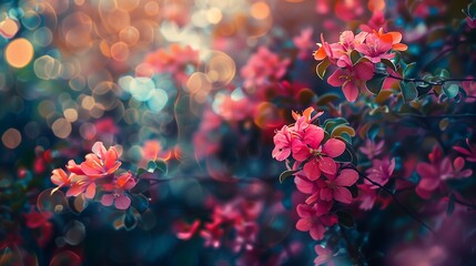 Beautiful Pink Flowers in a Spring Garden with Bokeh Lights