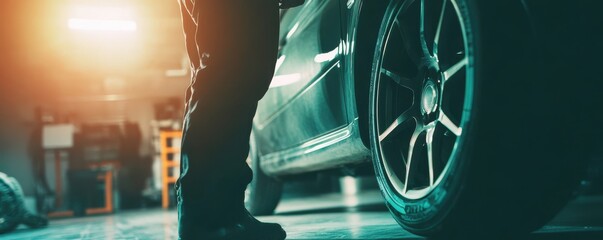 Poster - Mechanic expertly lowers car in auto repair shop with precision, showcasing professional automotive service and maintenance skills under warm sunset lighting.