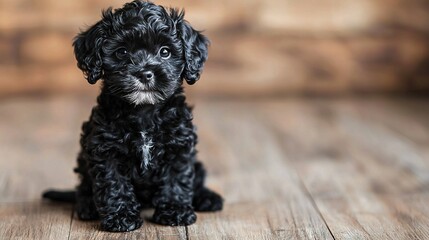 Wall Mural -   Black puppy, looking sad, sitting on wooden floor