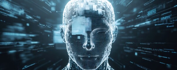 Poster - Futuristic digital illustration of an AI head composed of intricate data cubes and particles, representing artificial intelligence and technology innovation