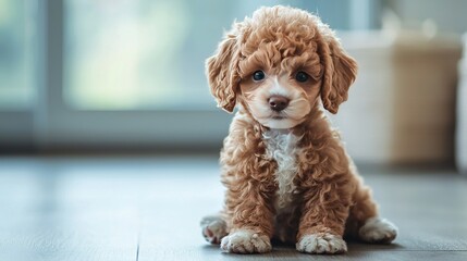 Wall Mural -   A small, brown-and-white dog rests atop a hardwood floor beside a potted plant on a windowsill