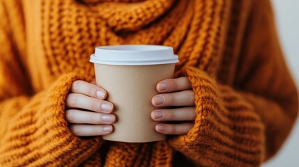 A close-up view of hands holding a warm drink in a cup, with the person wearing a cozy orange sweater, highlighting a sense of warmth and comfort.