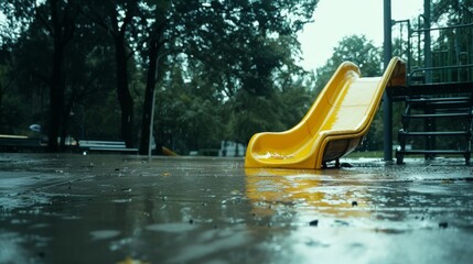 An empty yellow slide sits alone in a rainy park, reflecting off the wet ground, capturing a sense of solitude and slight melancholia in this contemplative scene.