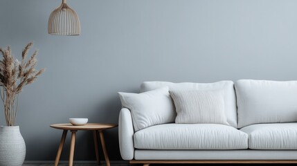 A minimalist living room scene showcasing a simple white sofa with cozy cushions, set against a soft gray wall, representing comfort and modern elegance in home decor.