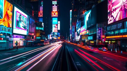 Wall Mural - A bustling cityscape at night, illuminated by vibrant neon lights and rapid streaks of car lights, showcasing urban energy.