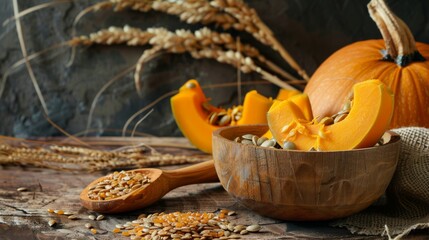 Wall Mural - Rustic autumn setup featuring a whole pumpkin and pumpkin slices in a wooden bowl, surrounded by wheat stalks and seeds on a wooden table.