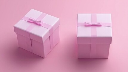 Sticker -   A set of two pink gift boxes with bows on top, placed on a pink backdrop