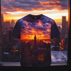 Wall Mural - T-shirt with a sunset cityscape design.