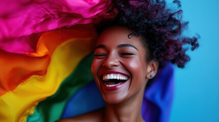 A joyous woman with closed eyes laughs openly, nestled in a vibrant fabric rainbow, radiating happiness and colorful energy through her bright backdrop.