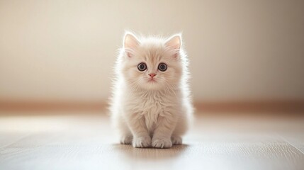 Poster -   A distraught kitten perched on a wooden floor, gazing into the lens