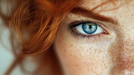 This close-up of a freckled face features a striking blue eye and fiery red hair. The vibrant colors and intricate details create a captivating and artistic composition.