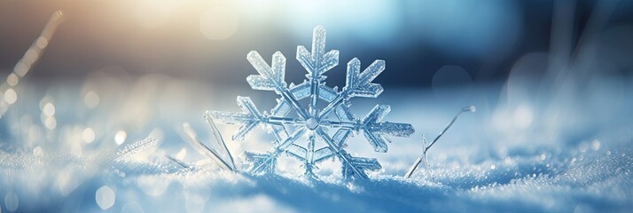 Crystal beauty, close up of snowflake on snow, cold winter day, happy new year wide web banner.