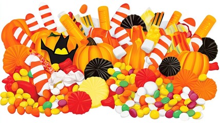 Sticker -   A stack of candies and cornucopias with a Jack-o'-lantern on top