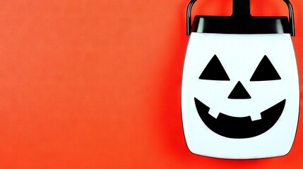 Wall Mural -   A jack-o'-lantern-shaped bottle hangs on an orange wall with a black handle attached to a hook